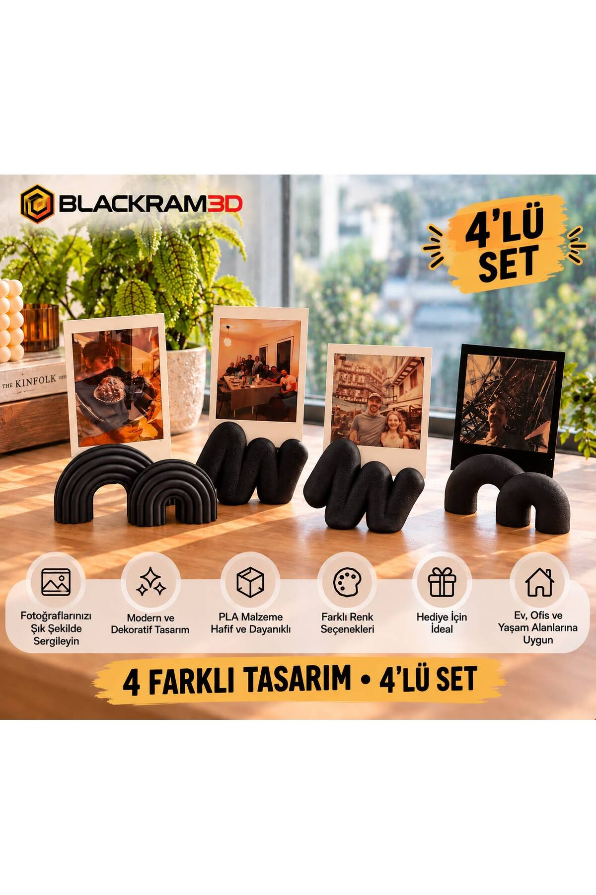 Dekoratif Fotoğraf Tutucu 4’lü Set – 4 Farklı Tasarım, Masaüstü Fotoğraf Standı, Ev ve Ofis Dekoru