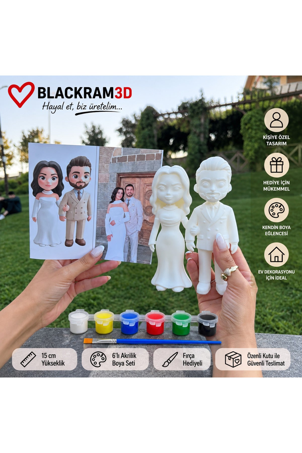 Kişiye Özel 3D Figür Seti 15 cm Çift Figür Boyama Seti 6'lı Akrilik Boya ve Fırça