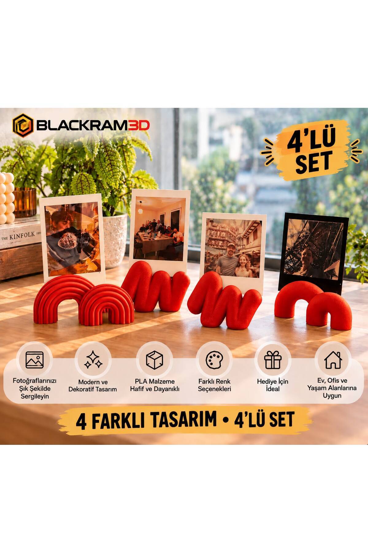 Dekoratif Fotoğraf Tutucu 4’lü Set – 4 Farklı Tasarım, Masaüstü Fotoğraf Standı, Ev ve Ofis Dekoru