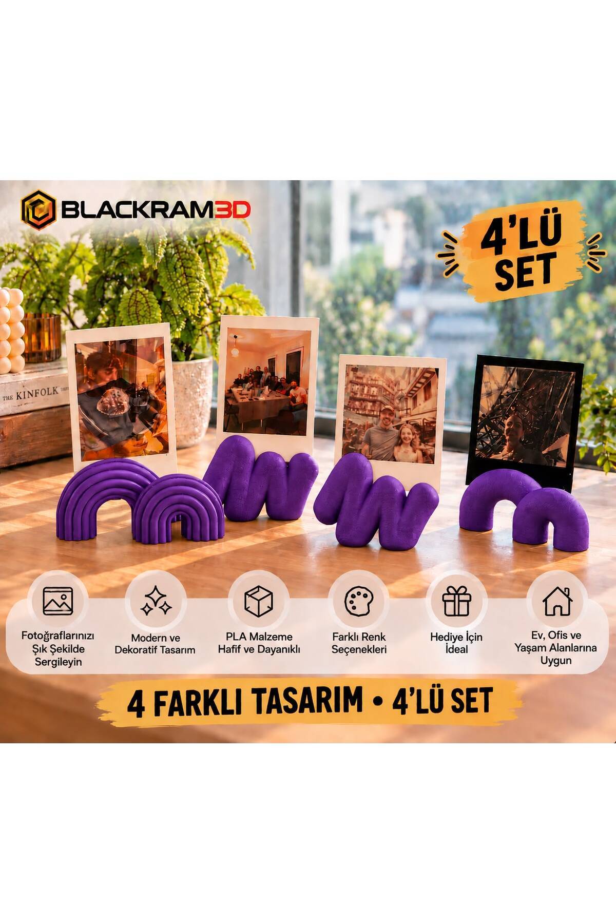 Dekoratif Fotoğraf Tutucu 4’lü Set – 4 Farklı Tasarım, Masaüstü Fotoğraf Standı, Ev ve Ofis Dekoru