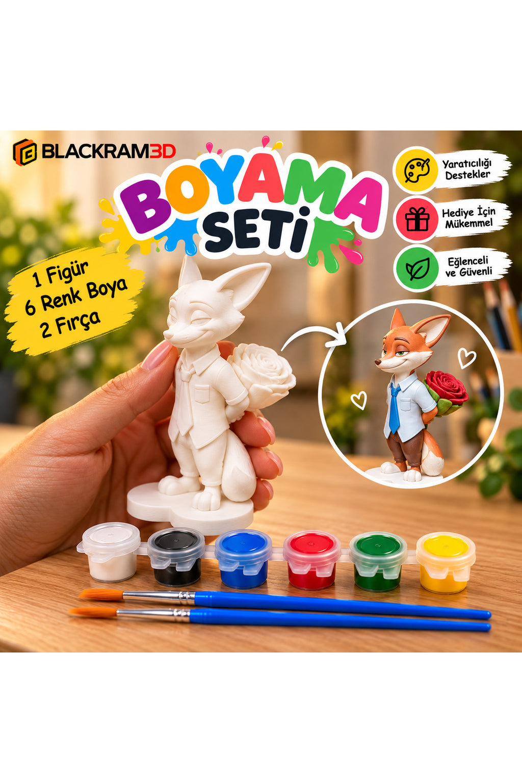 Tilki ve Tavşan 3D Boyama Seti – 2’li Figür, 6 Renk Boya ve 2 Fırça Boyama Kiti