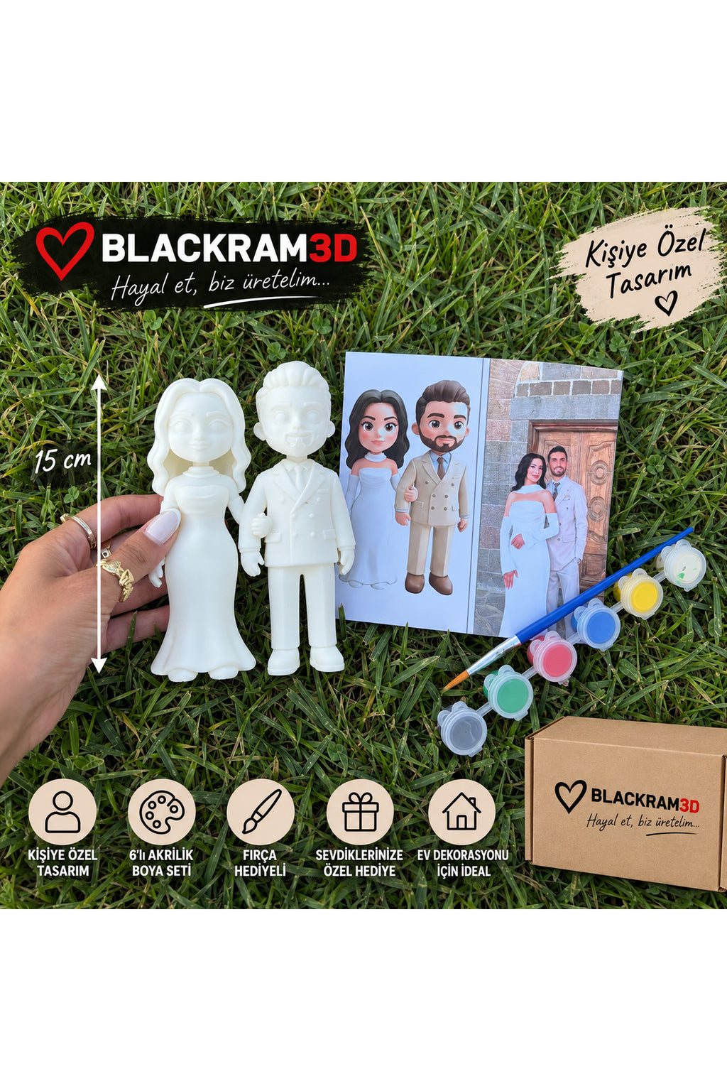 Kişiye Özel 3D Figür Seti 15 cm Çift Figür Boyama Seti 6'lı Akrilik Boya ve Fırça