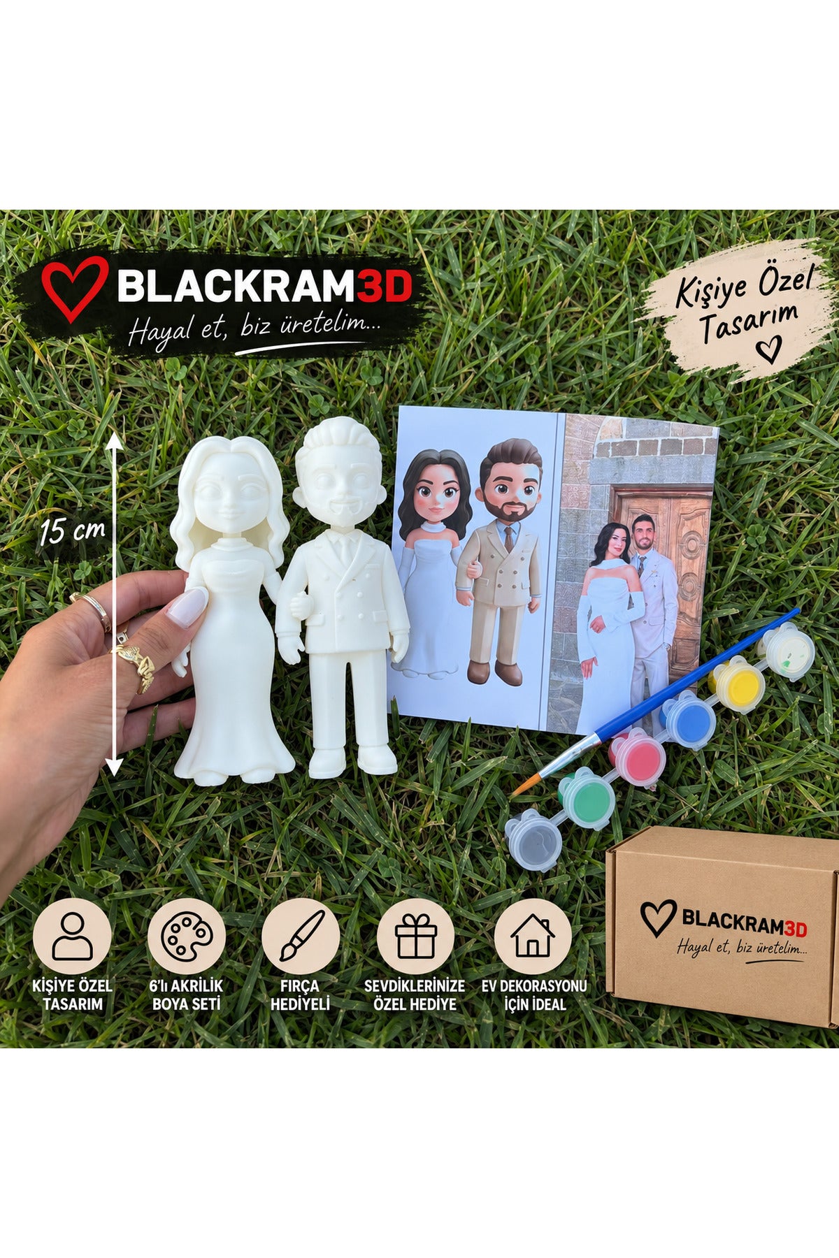 Kişiye Özel 3D Figür Seti 15 cm Çift Figür Boyama Seti 6'lı Akrilik Boya ve Fırça