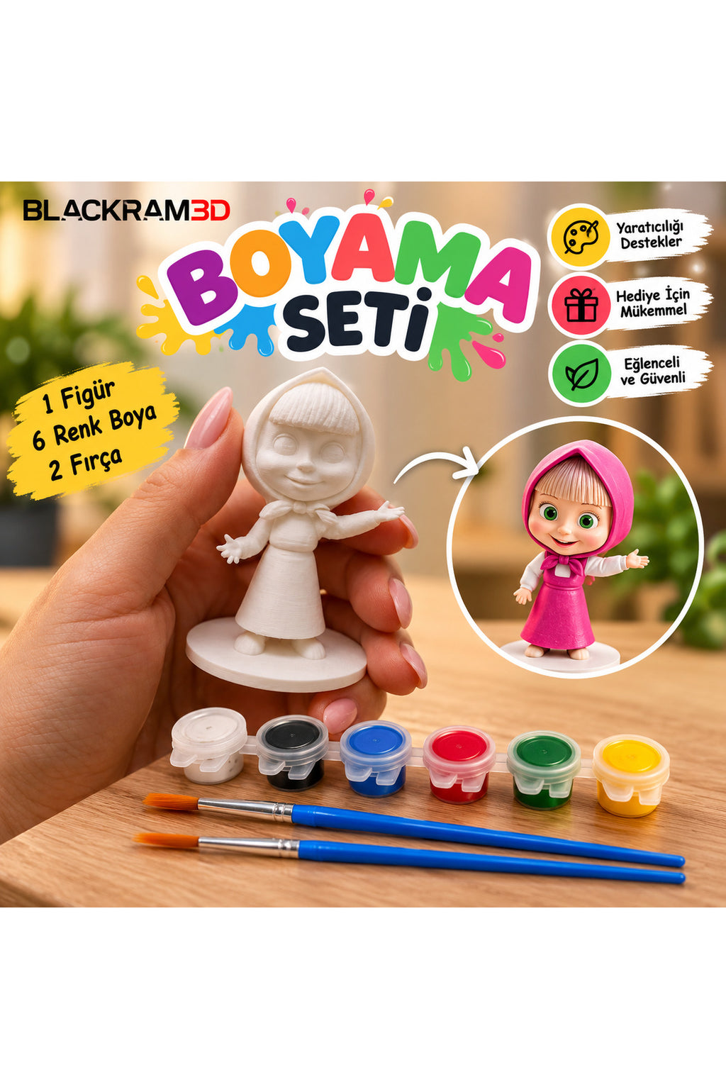 Ayıcık ve Kız 3D Boyama Seti – 2’li Figür, 6 Renk Boya ve 2 Fırça Boyama Kiti