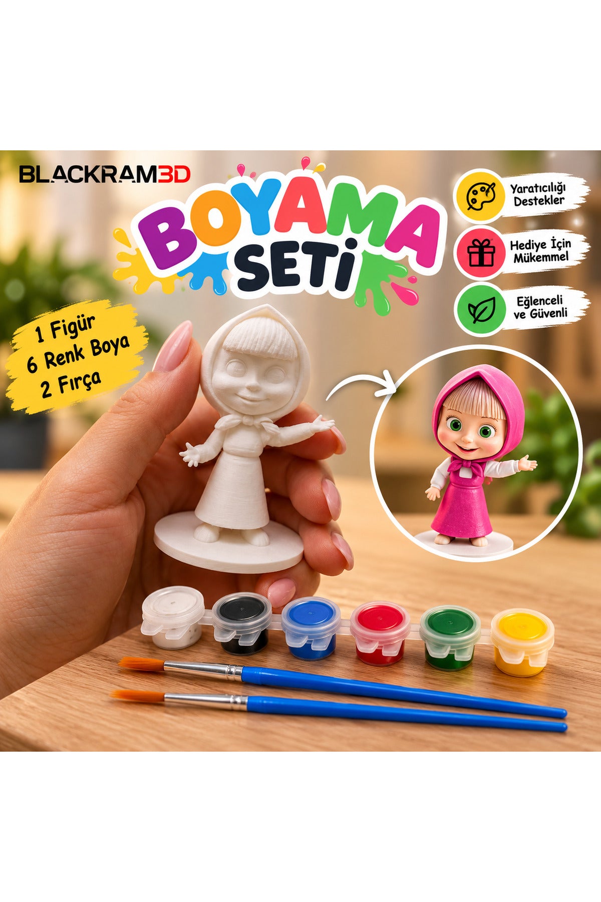 Ayıcık ve Kız 3D Boyama Seti – 2’li Figür, 6 Renk Boya ve 2 Fırça Boyama Kiti
