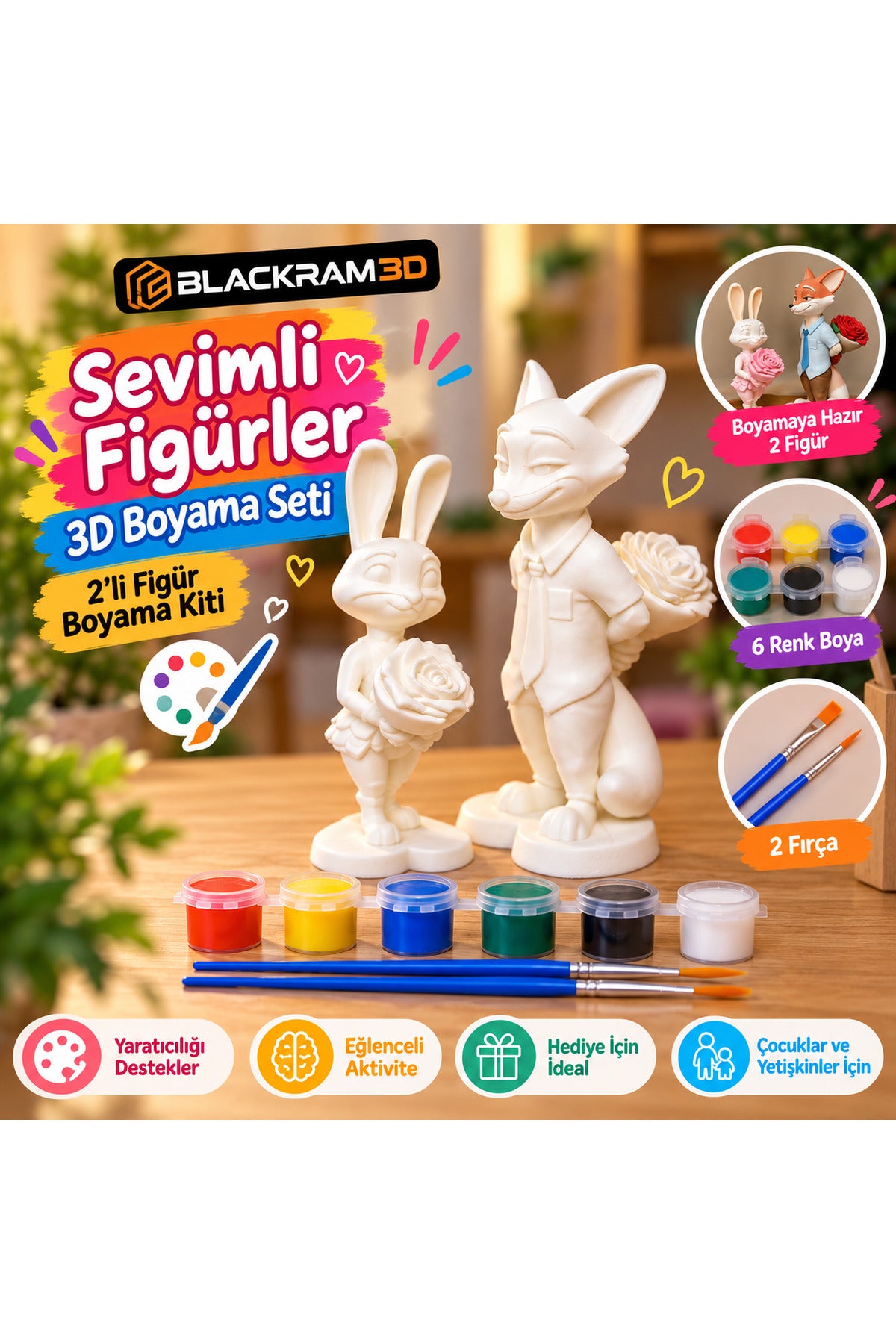 Tilki ve Tavşan 3D Boyama Seti – 2’li Figür, 6 Renk Boya ve 2 Fırça Boyama Kiti