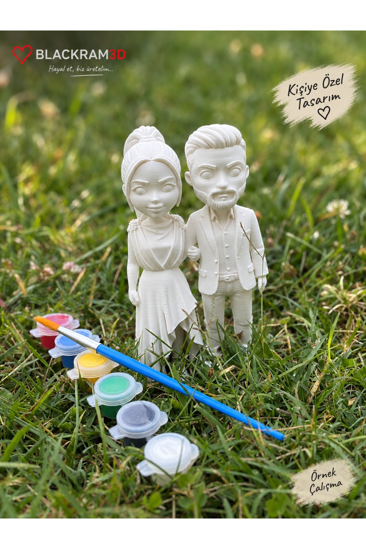 Kişiye Özel 3D Figür Seti 15 cm Çift Figür Boyama Seti 6'lı Akrilik Boya ve Fırça