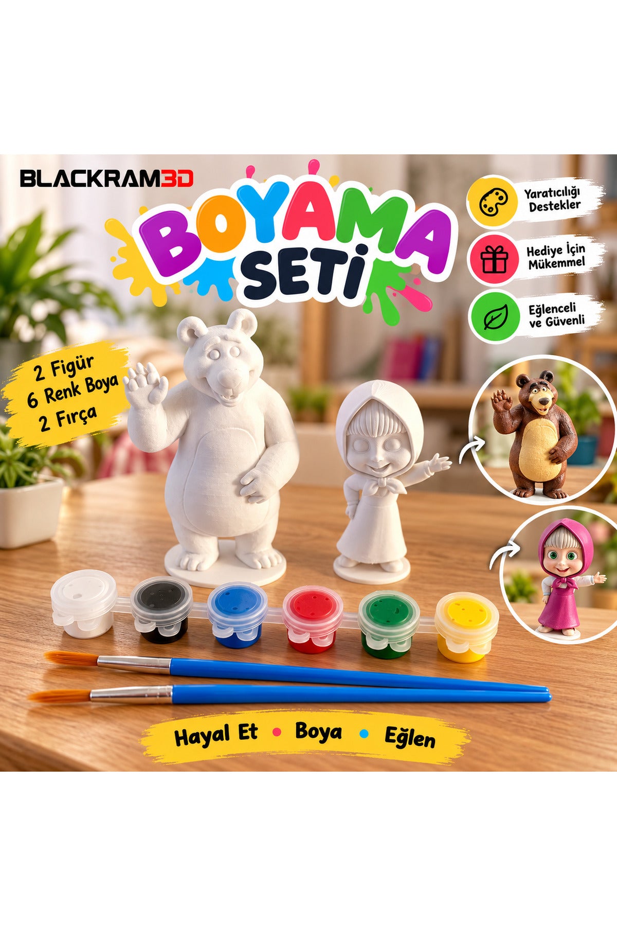 Ayıcık ve Kız 3D Boyama Seti – 2’li Figür, 6 Renk Boya ve 2 Fırça Boyama Kiti