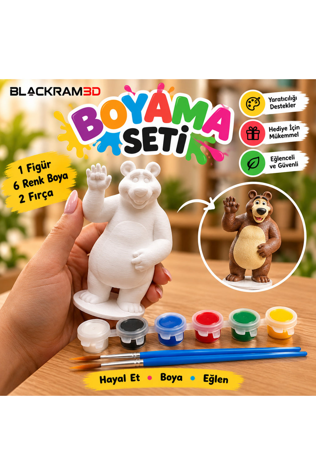 Ayıcık ve Kız 3D Boyama Seti – 2’li Figür, 6 Renk Boya ve 2 Fırça Boyama Kiti