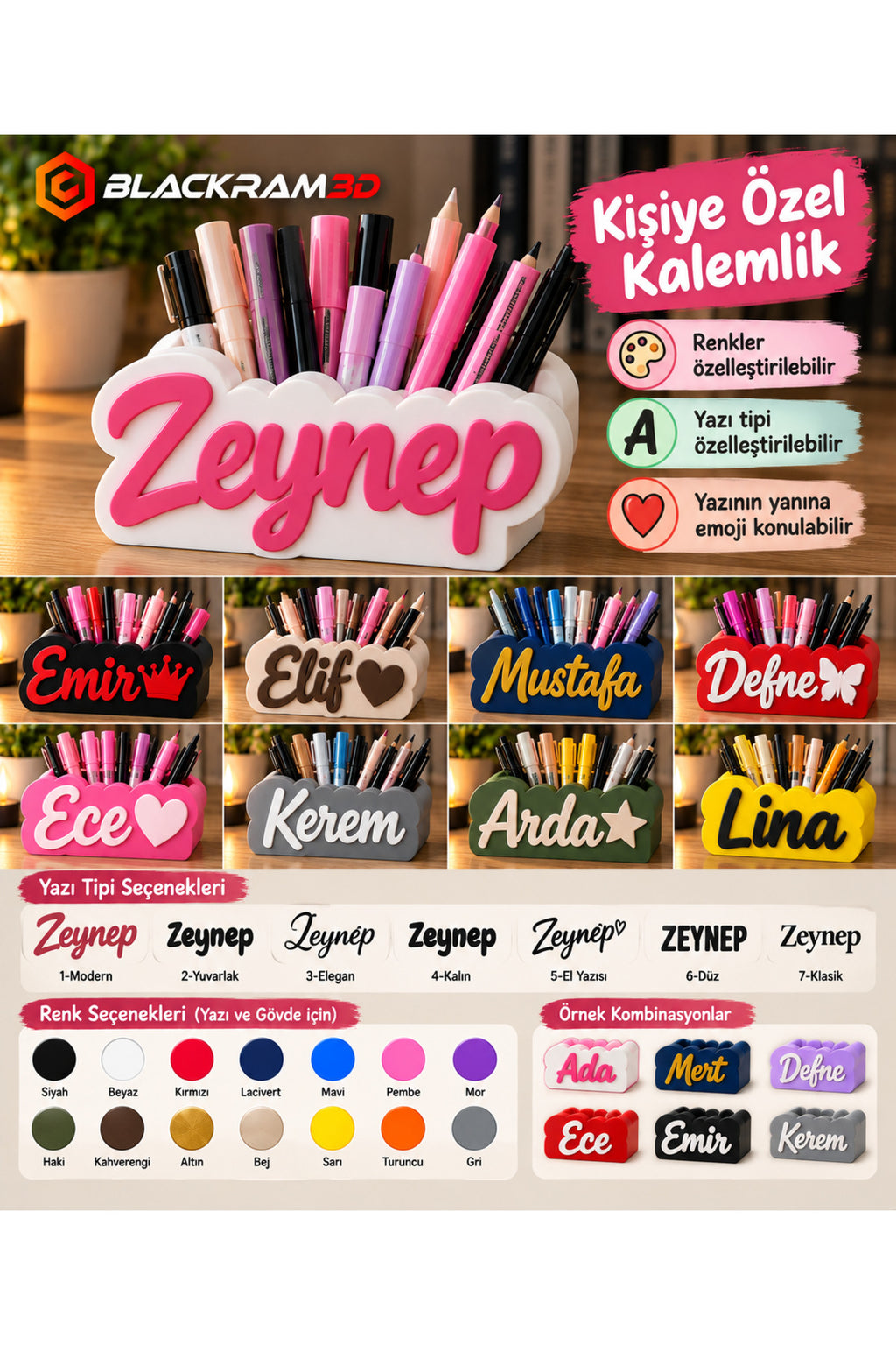 Kişiye Özel Kalemlik | İsim ve Yazı Tipi Özelleştirilebilir | Renk Seçenekli