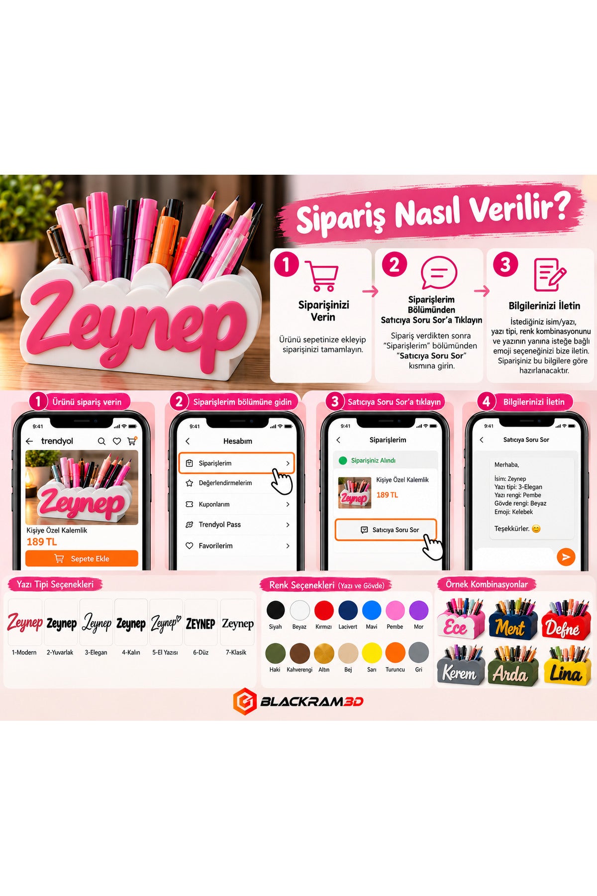 Kişiye Özel Kalemlik | İsim ve Yazı Tipi Özelleştirilebilir | Renk Seçenekli