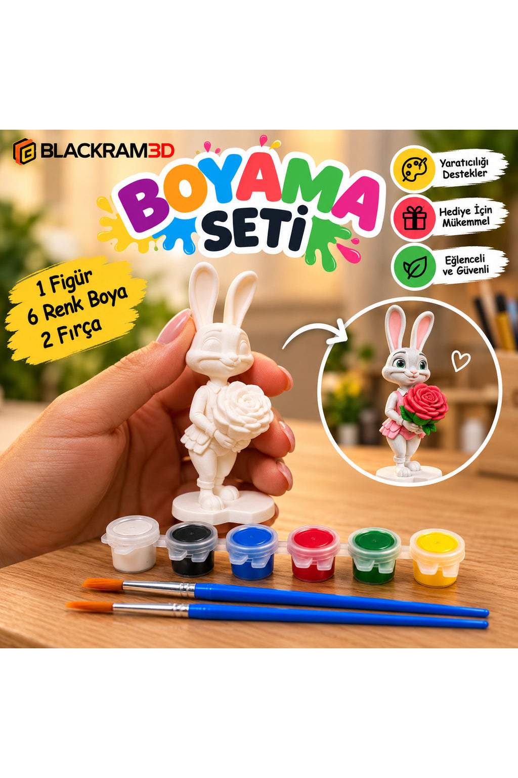 Tilki ve Tavşan 3D Boyama Seti – 2’li Figür, 6 Renk Boya ve 2 Fırça Boyama Kiti