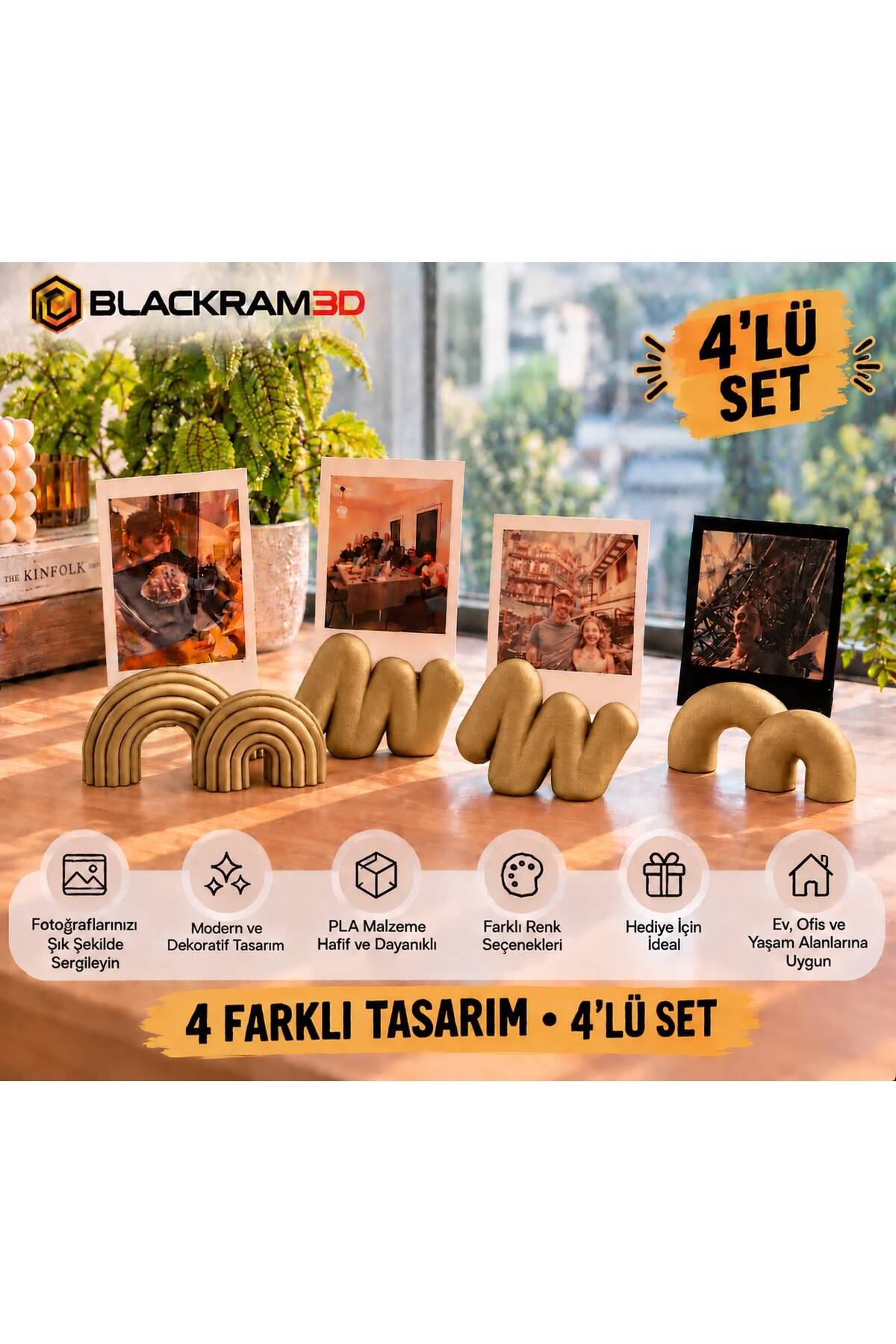 Dekoratif Fotoğraf Tutucu 4’lü Set – 4 Farklı Tasarım, Masaüstü Fotoğraf Standı, Ev ve Ofis Dekoru