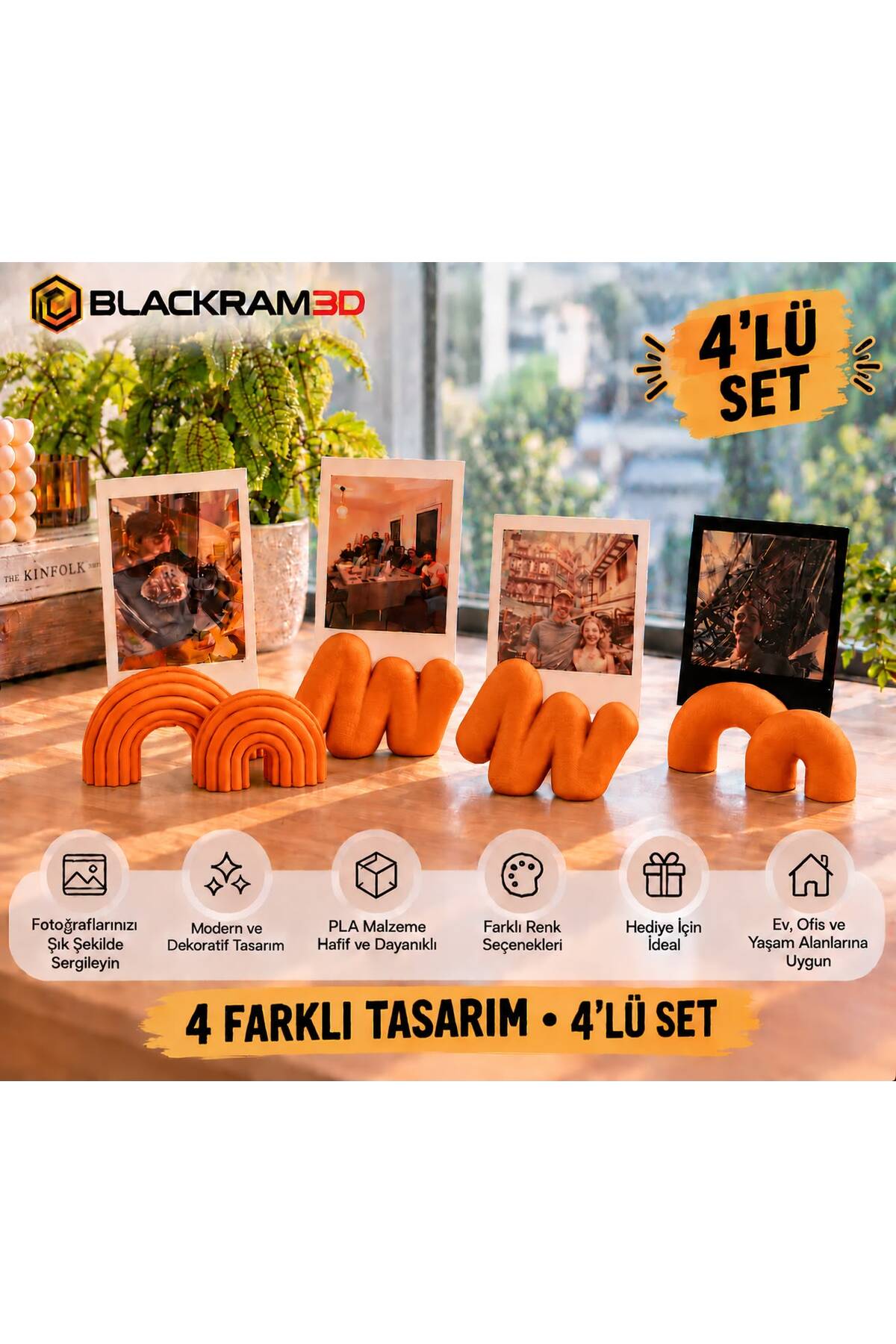 Dekoratif Fotoğraf Tutucu 4’lü Set – 4 Farklı Tasarım, Masaüstü Fotoğraf Standı, Ev ve Ofis Dekoru