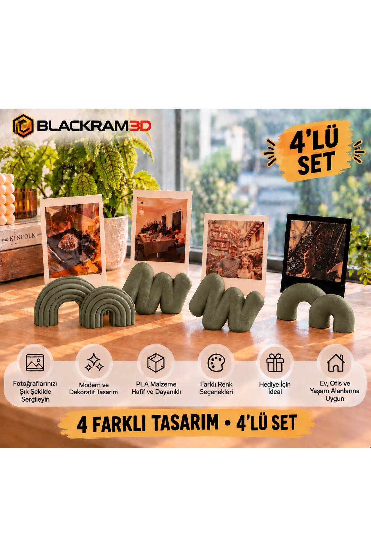 Dekoratif Fotoğraf Tutucu 4’lü Set – 4 Farklı Tasarım, Masaüstü Fotoğraf Standı, Ev ve Ofis Dekoru