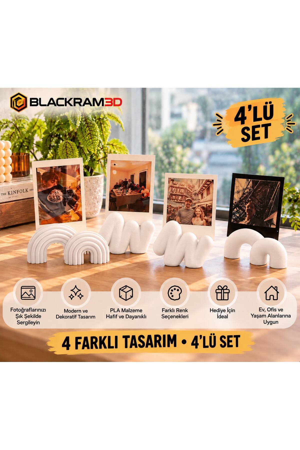 Dekoratif Fotoğraf Tutucu 4’lü Set – 4 Farklı Tasarım, Masaüstü Fotoğraf Standı, Ev ve Ofis Dekoru