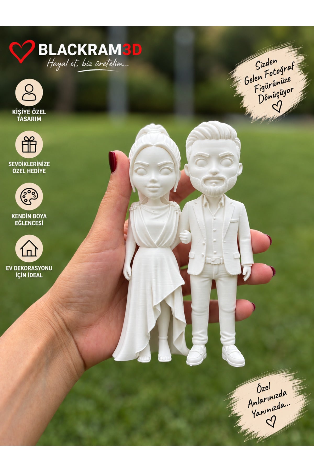 Kişiye Özel 3D Figür Seti 15 cm Çift Figür Boyama Seti 6'lı Akrilik Boya ve Fırça
