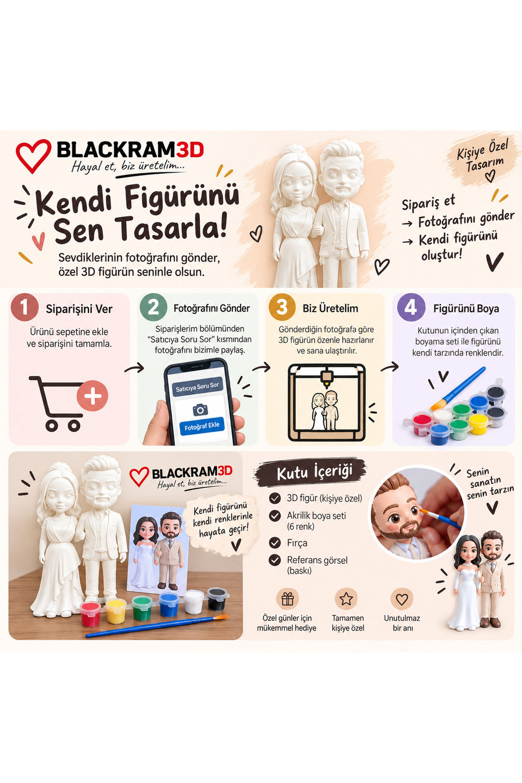 Kişiye Özel 3D Figür Seti 15 cm Çift Figür Boyama Seti 6'lı Akrilik Boya ve Fırça