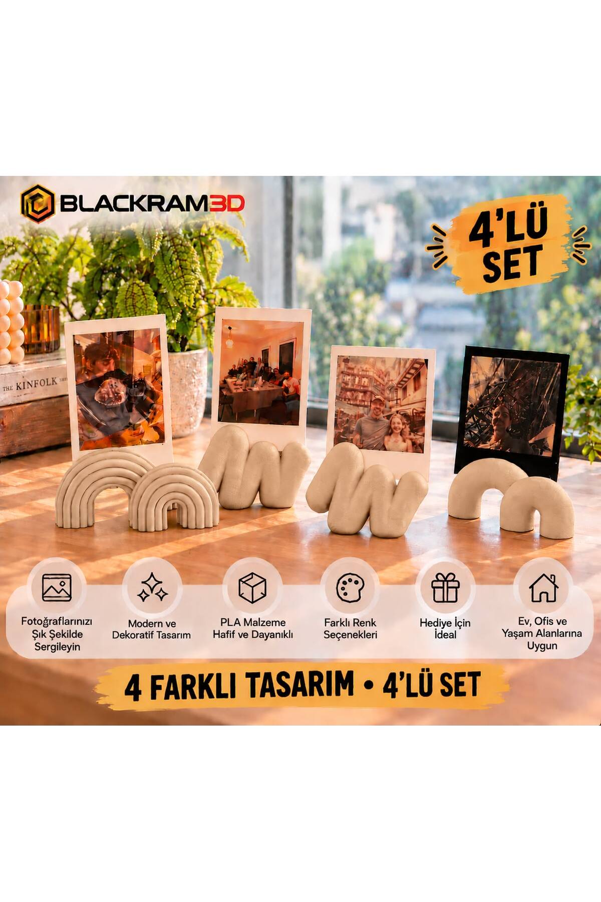 Dekoratif Fotoğraf Tutucu 4’lü Set – 4 Farklı Tasarım, Masaüstü Fotoğraf Standı, Ev ve Ofis Dekoru