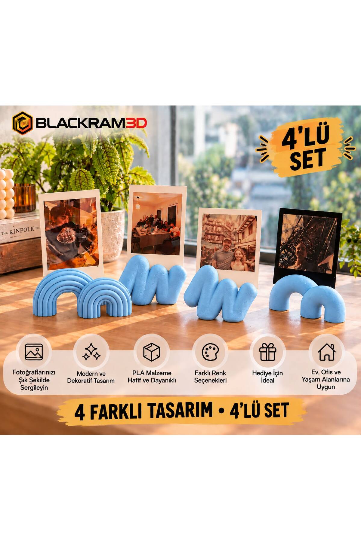 Dekoratif Fotoğraf Tutucu 4’lü Set – 4 Farklı Tasarım, Masaüstü Fotoğraf Standı, Ev ve Ofis Dekoru
