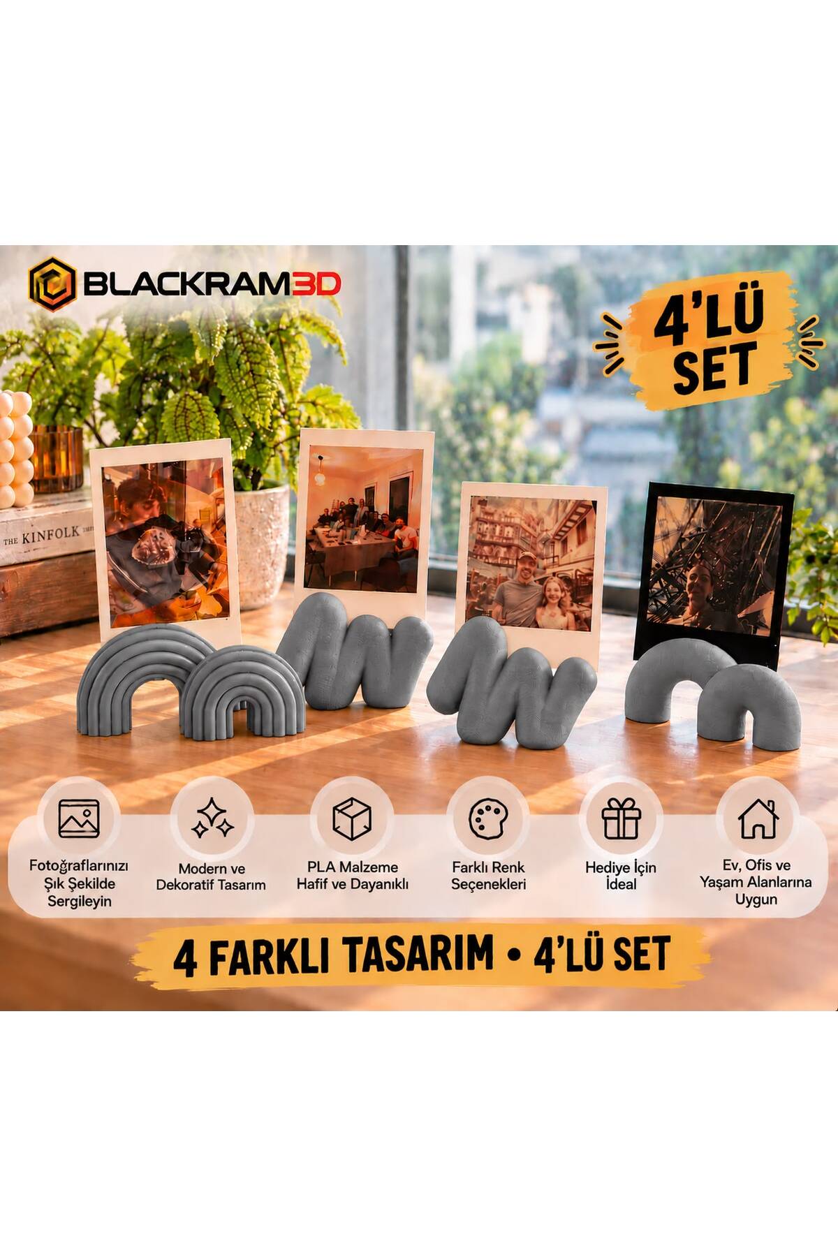 Dekoratif Fotoğraf Tutucu 4’lü Set – 4 Farklı Tasarım, Masaüstü Fotoğraf Standı, Ev ve Ofis Dekoru